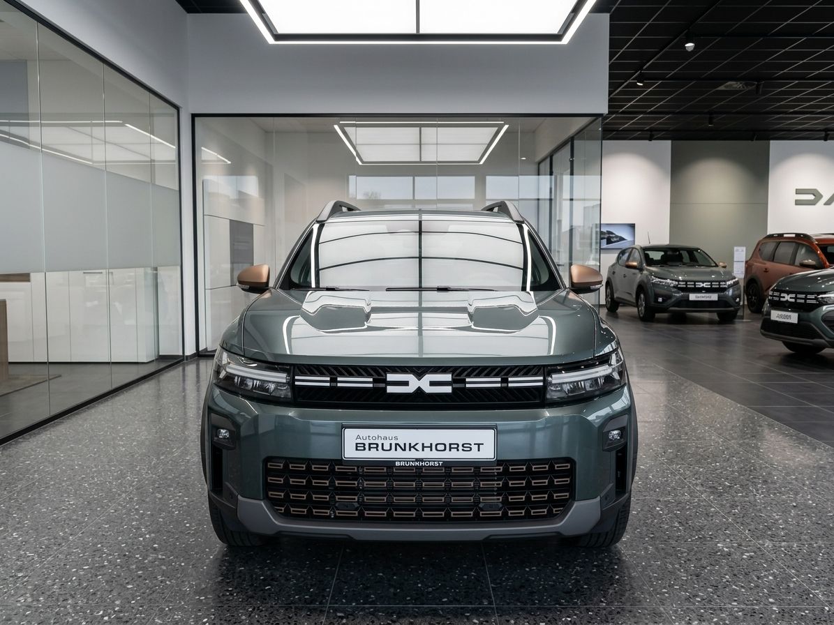 Dacia SUV grau Frontansicht im Autohaus Showroom - moderne LED-Scheinwerfer und Kühlergrill