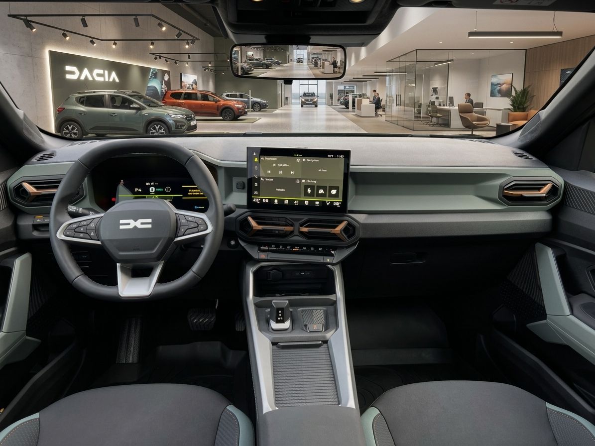 Dacia Innenraum mit modernem Cockpit, Lenkrad und Touchscreen Display
