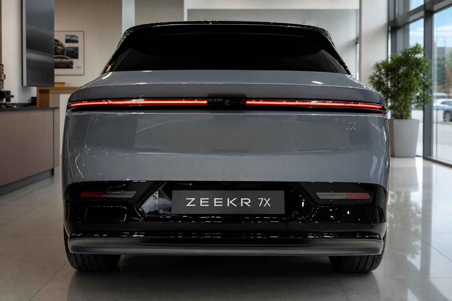 Zeekr 7X Heckansicht mit durchgehendem LED-Rueckleuchtenband