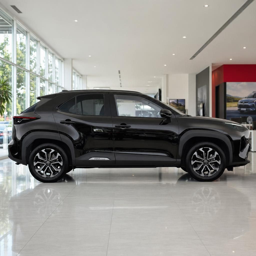 Toyota Yaris Cross Hybrid in schwarz, Seitenansicht links im modernen Autohaus