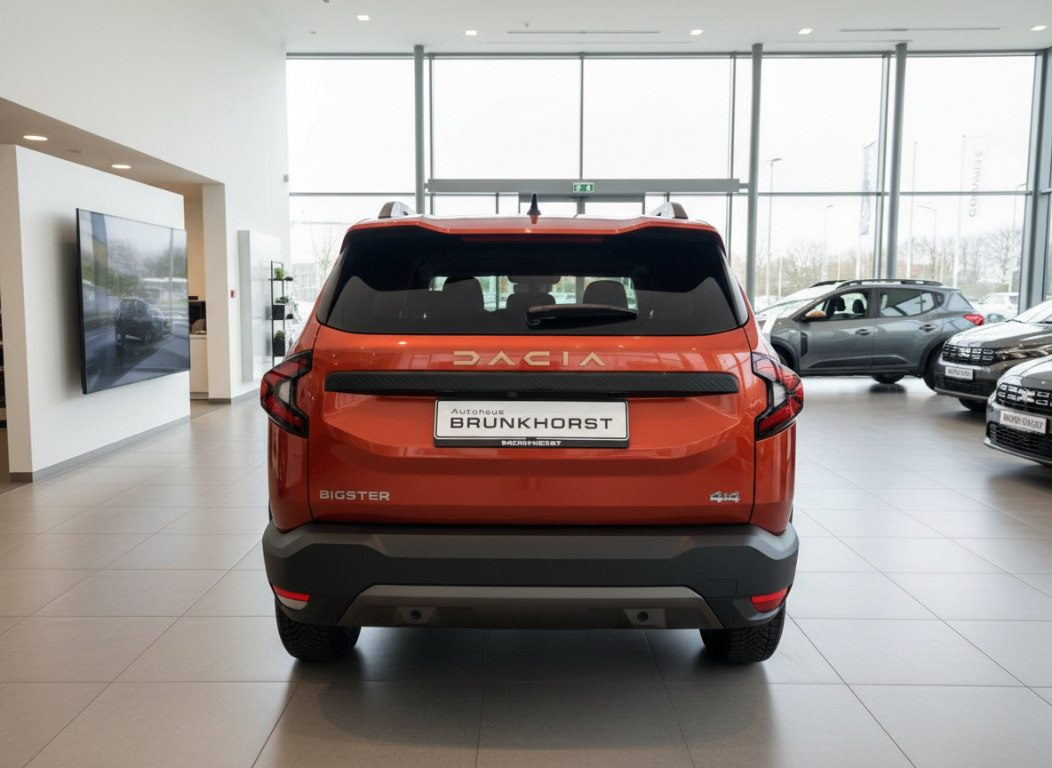 Dacia Bigster 4x4 in Orange Heckansicht im Autohaus Brunkhorst Showroom