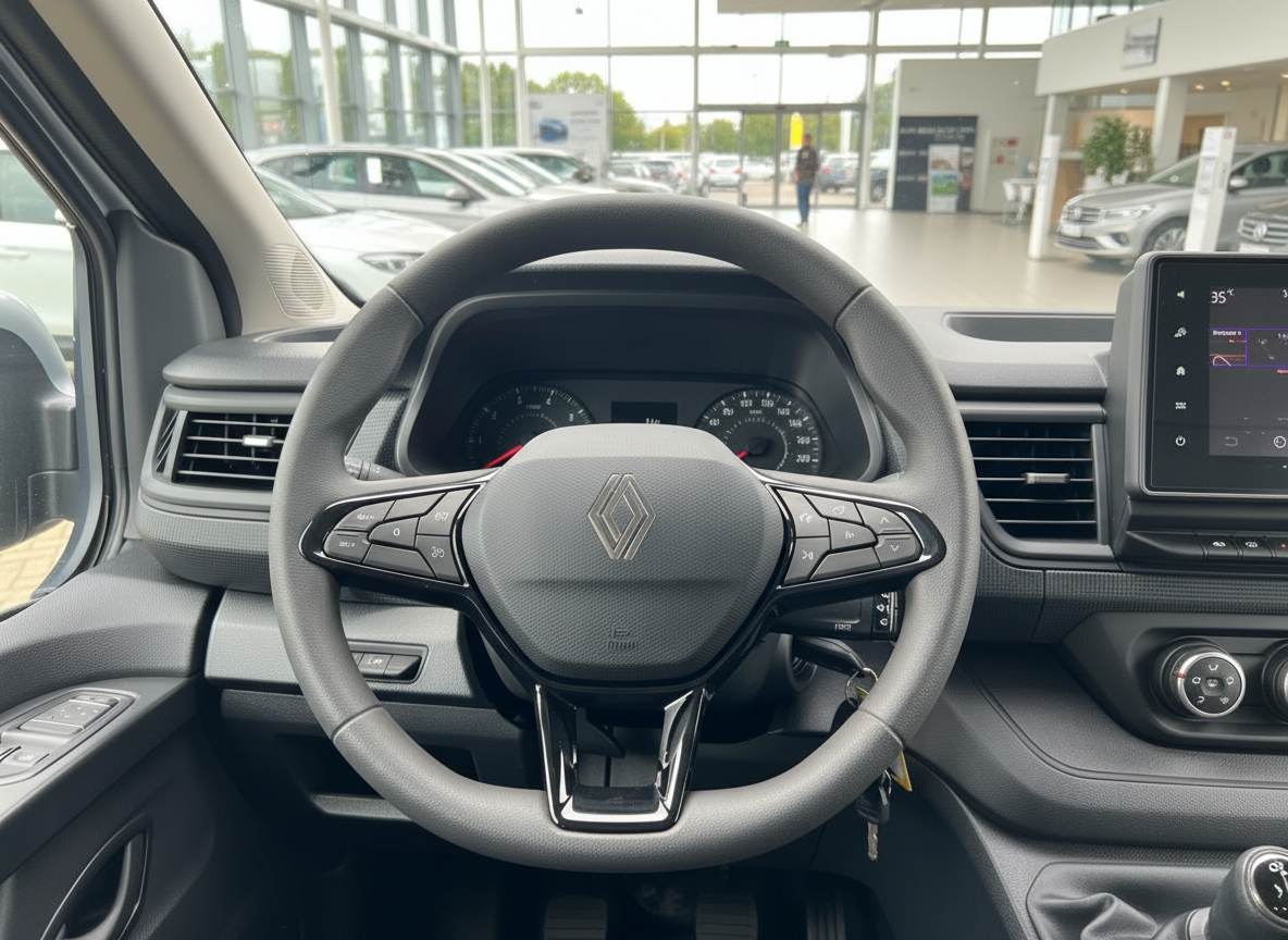 Renault Innenraum mit Lenkrad und Touchscreen-Infotainment im Autohaus