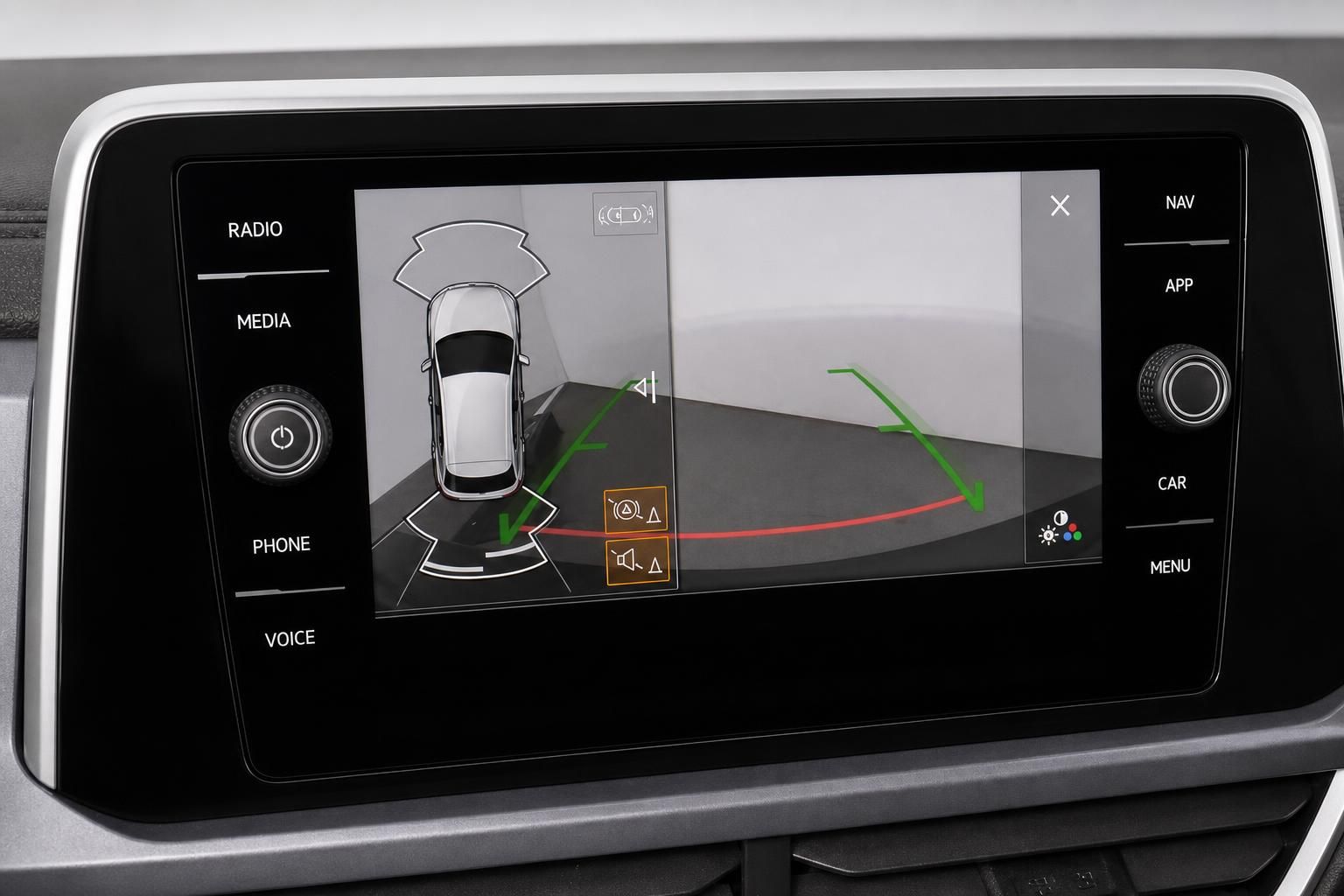 VW T-Roc Parkassistent Kamera Ansicht auf Touchscreen