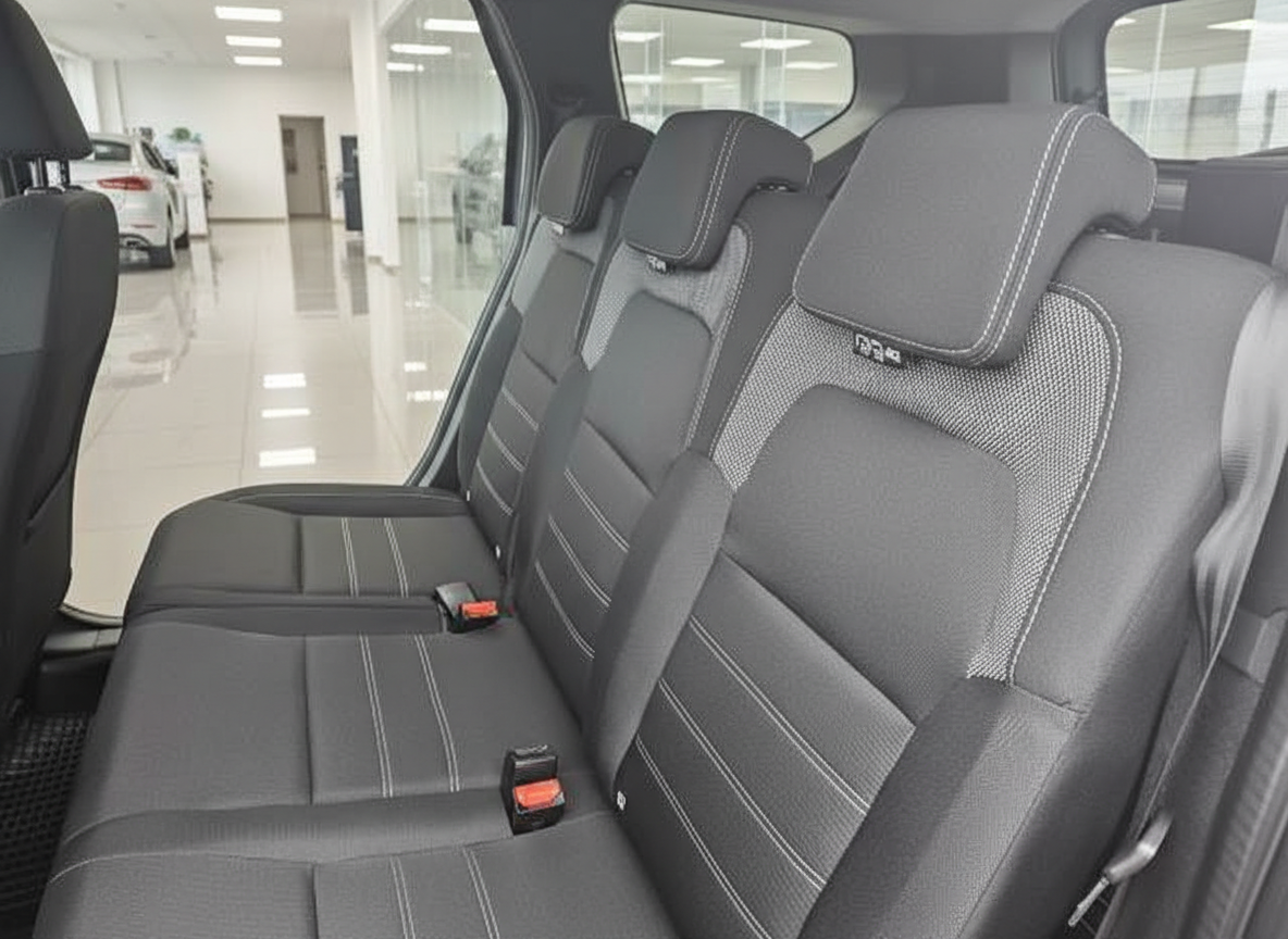 Fahrzeug Innenraum Rücksitzbank schwarz-grau mit weißer Kontrastnaht im Autohaus