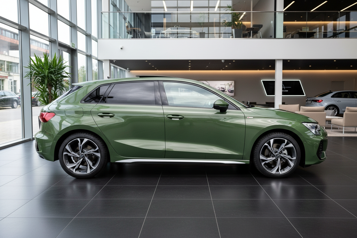 Audi A3 Sportback in District Green Metallic Seitenansicht im Audi Showroom mit S line Paket und Alufelgen