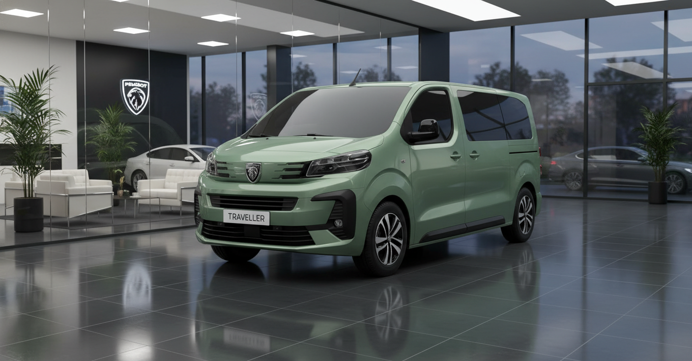 Grüner Peugeot Traveller Van im modernen Autohaus-Showroom mit großen Fenstern und Peugeot-Logo im Hintergrund