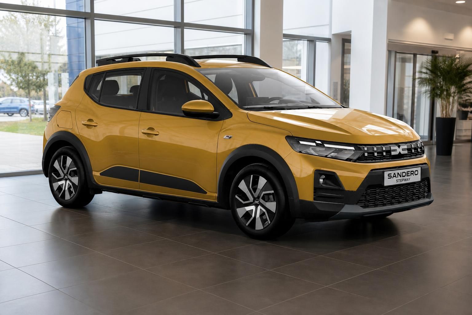 Dacia Sandero Stepway gelb, Frontansicht im Autohaus