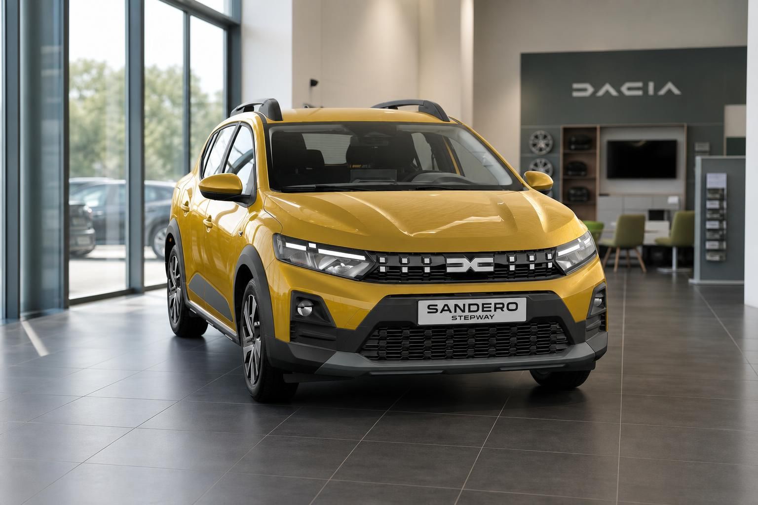 Dacia Sandero Stepway in Gelb, Frontansicht im Autohaus-Showroom
