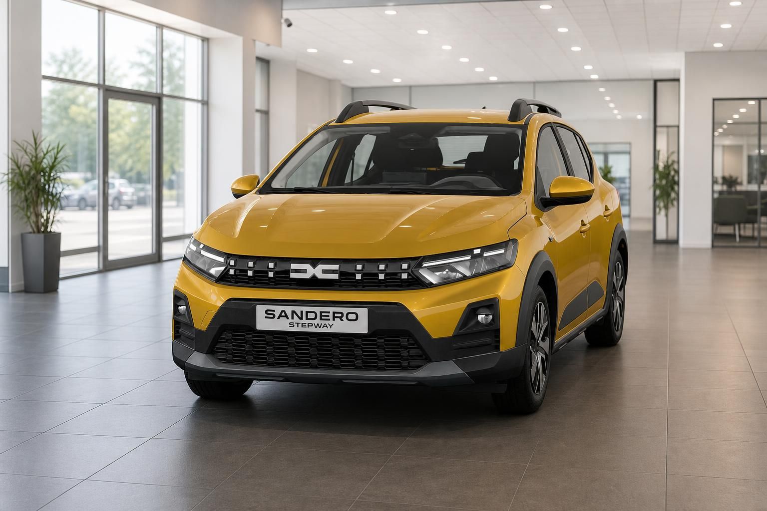 Gelber Dacia Sandero Stepway von vorne im Ausstellungsraum