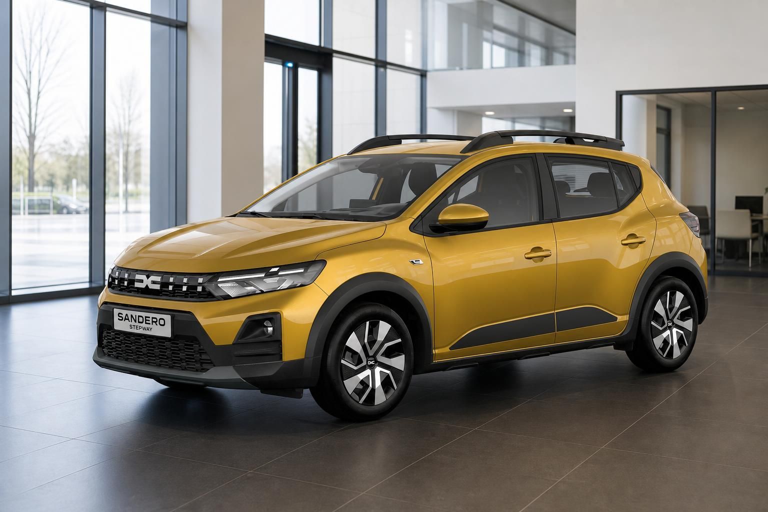 Dacia Sandero Stepway in Gelb, Frontansicht im Autohaus