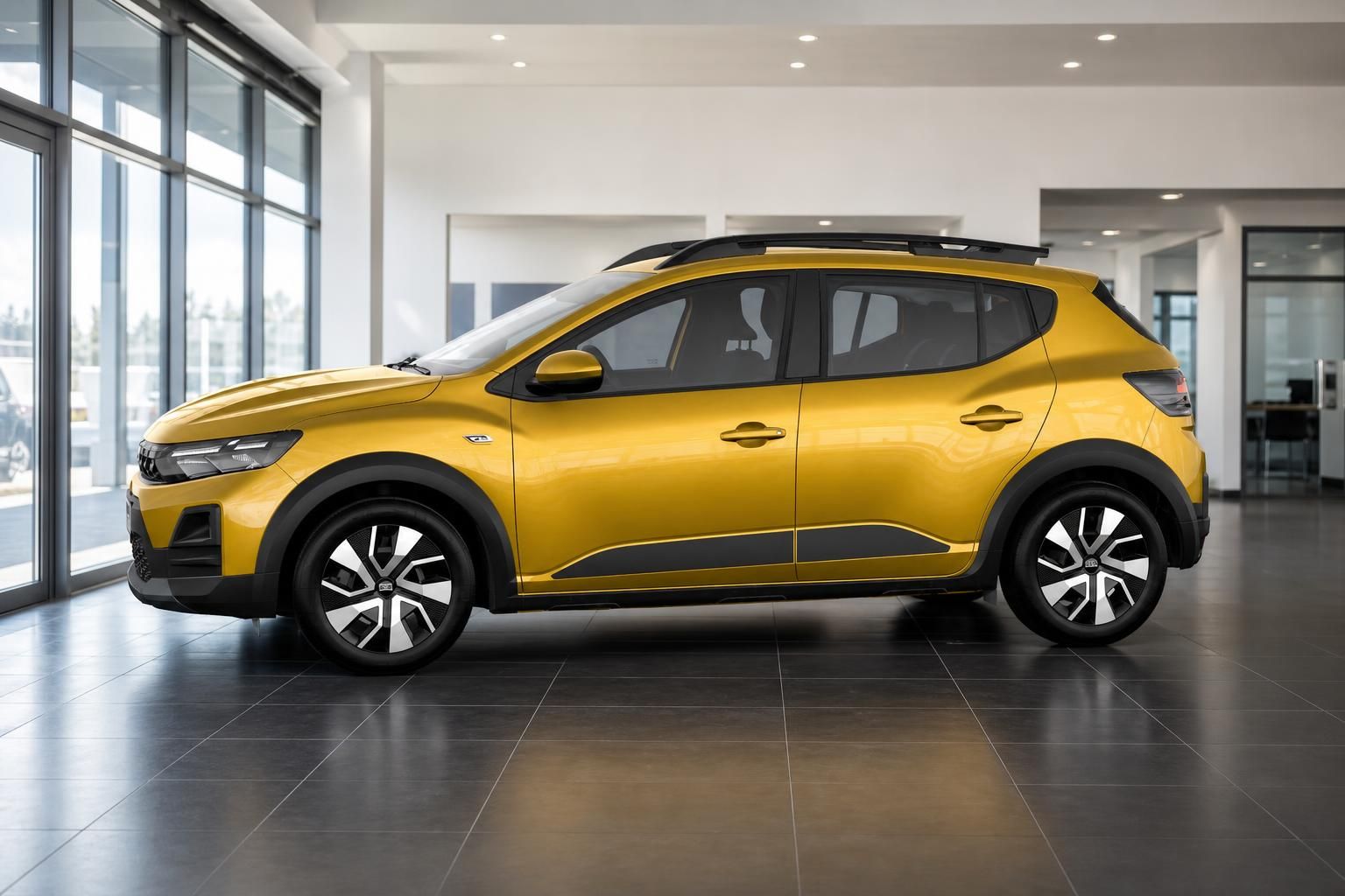Dacia Sandero Stepway gelb, Seitenansicht im Showroom