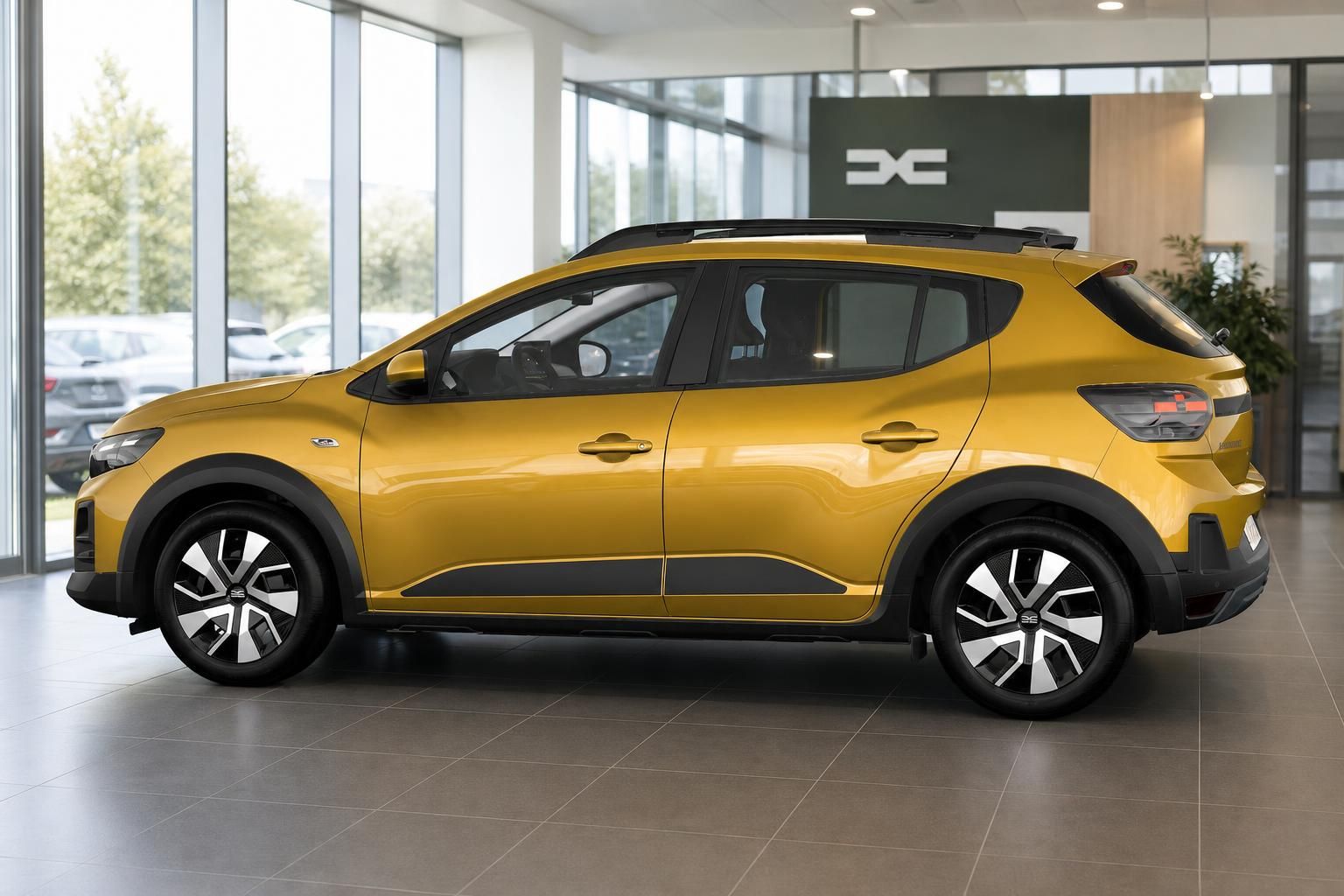 Dacia Sandero Stepway in Gelb, Seitenansicht mit Heckdetail