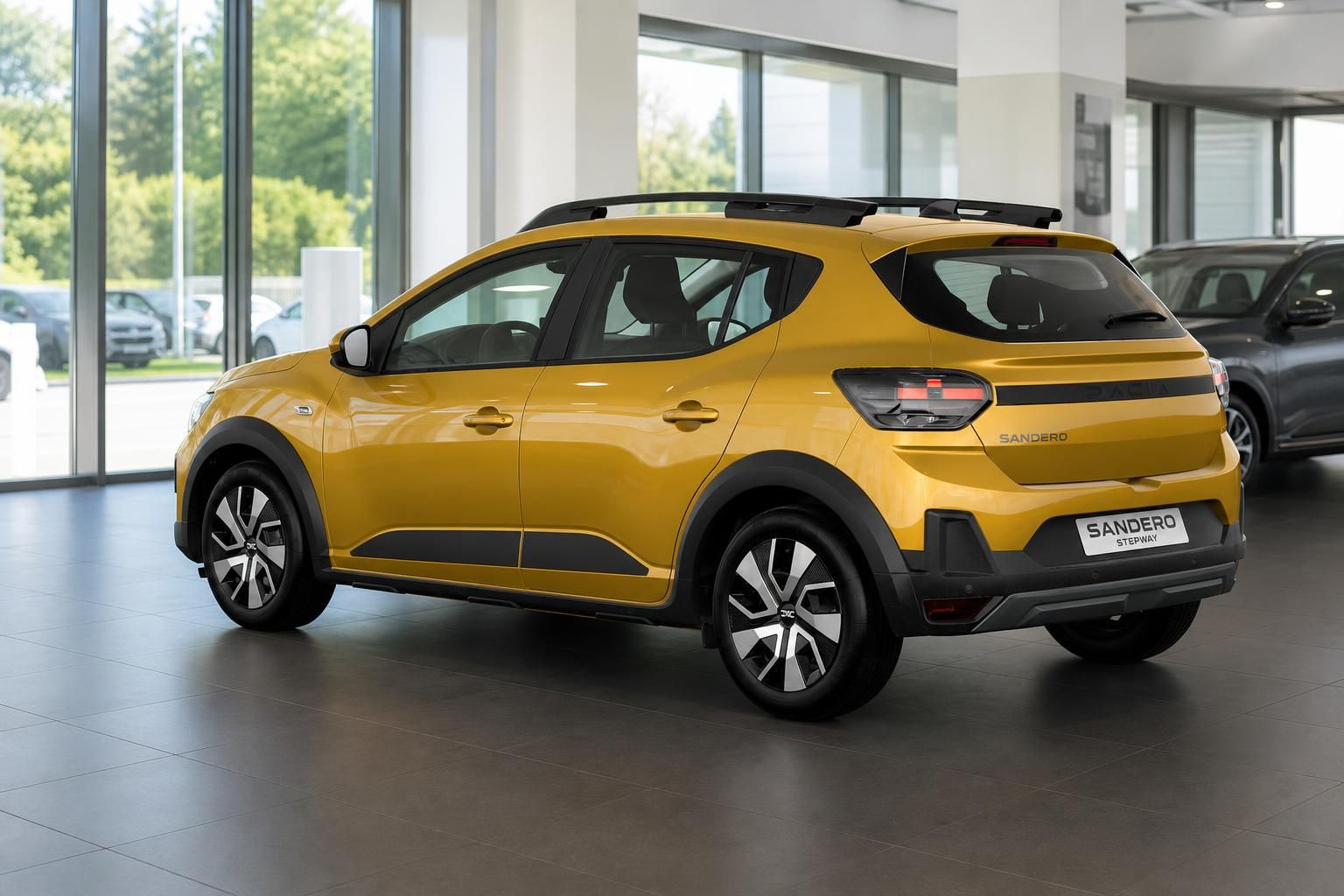 Dacia Sandero Stepway in Gelb, Heck-Seitenansicht im Showroom