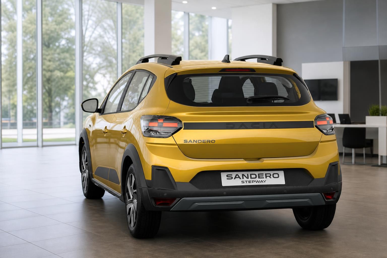 Dacia Sandero Stepway gelb, Heckansicht im Autohaus