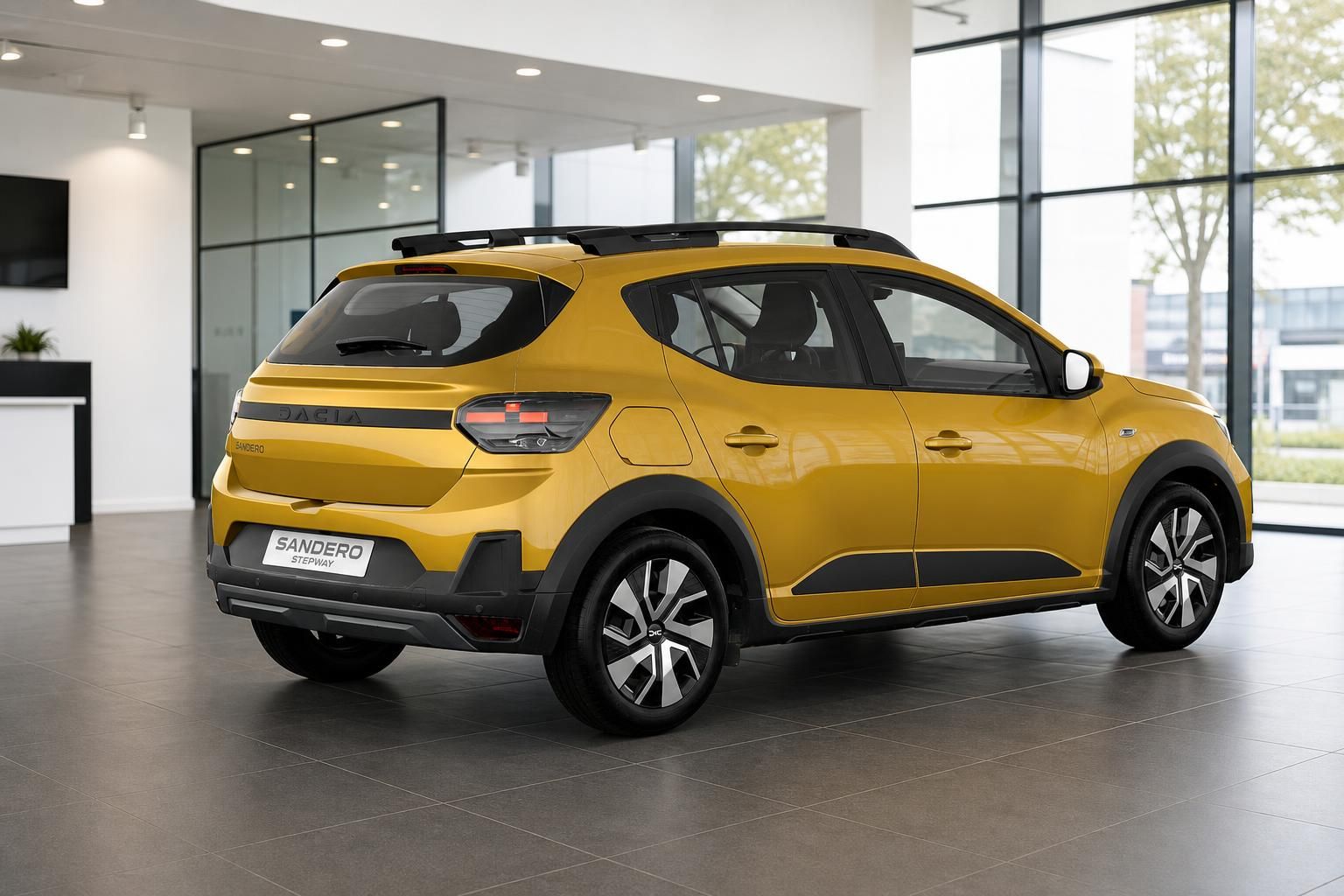 Dacia Sandero Stepway gelb, Heck-Seitenansicht im Showroom