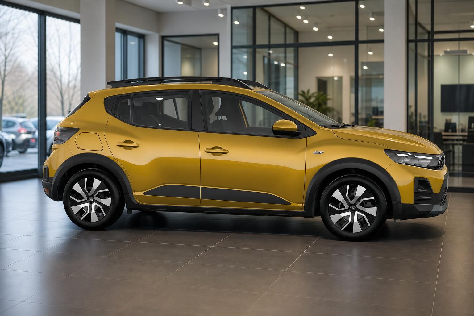 Dacia Sandero Stepway gelb, Seitenansicht im Autohaus-Showroom