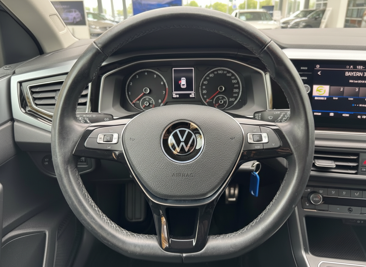 VW Volkswagen Innenraum Cockpit mit Lenkrad, Tacho und Infotainment-Display