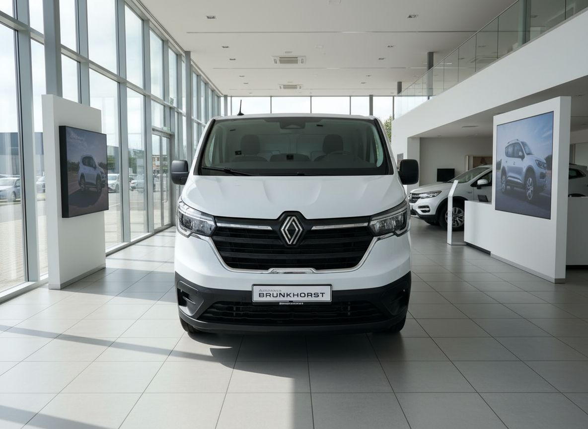 Weißer Renault Trafic Van Frontansicht im Autohaus Brunkhorst Showroom