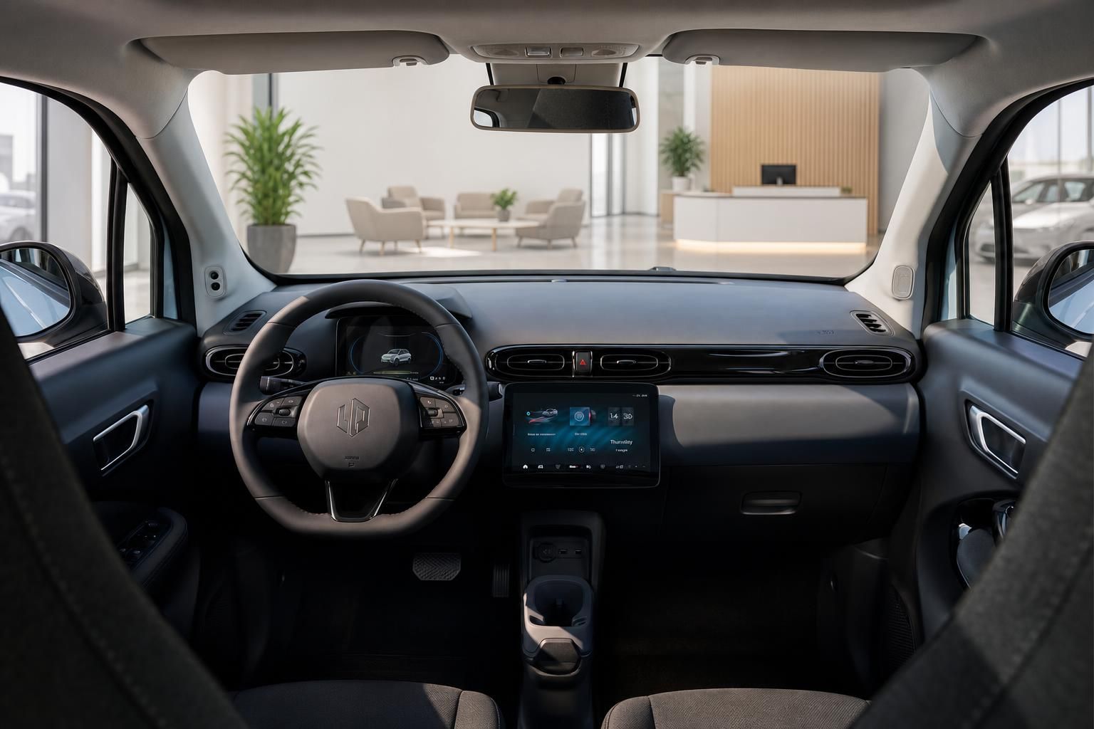 Fahrzeuginnenraum mit Lenkrad, Armaturenbrett und Touchscreen-Display