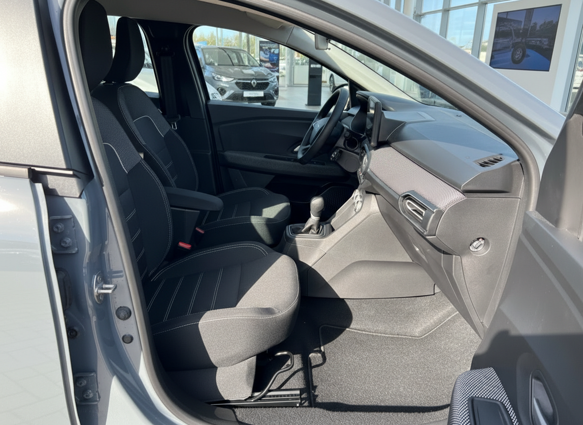 Renault Innenraum mit schwarzen Stoffsitzen, Mittelkonsole und Schaltgetriebe – Fahrzeuginnenaufnahme