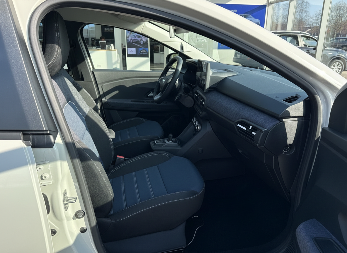 Dacia Sandero Innenraum – Fahrersitz, Armaturenbrett und Lenkrad in blau-schwarzer Ausstattung