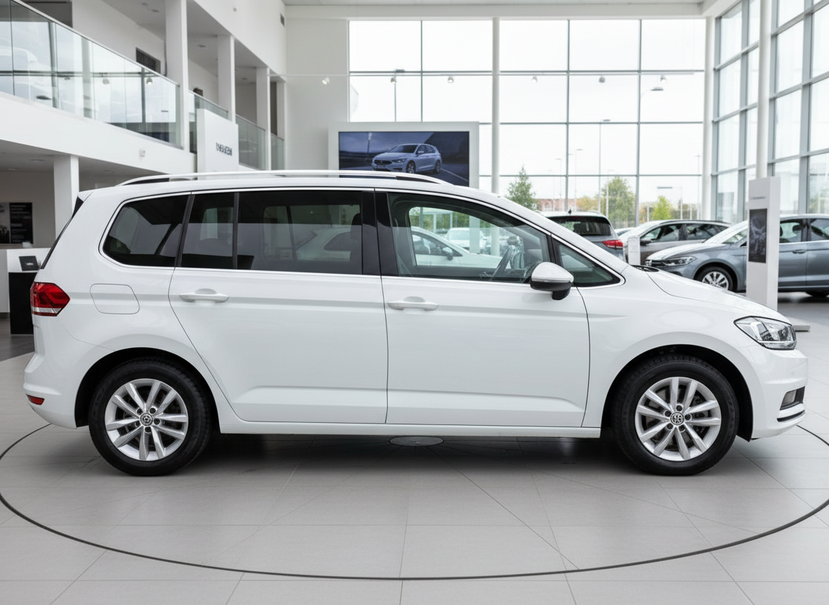Weißer Volkswagen Touran Seitenansicht im Autohaus-Showroom