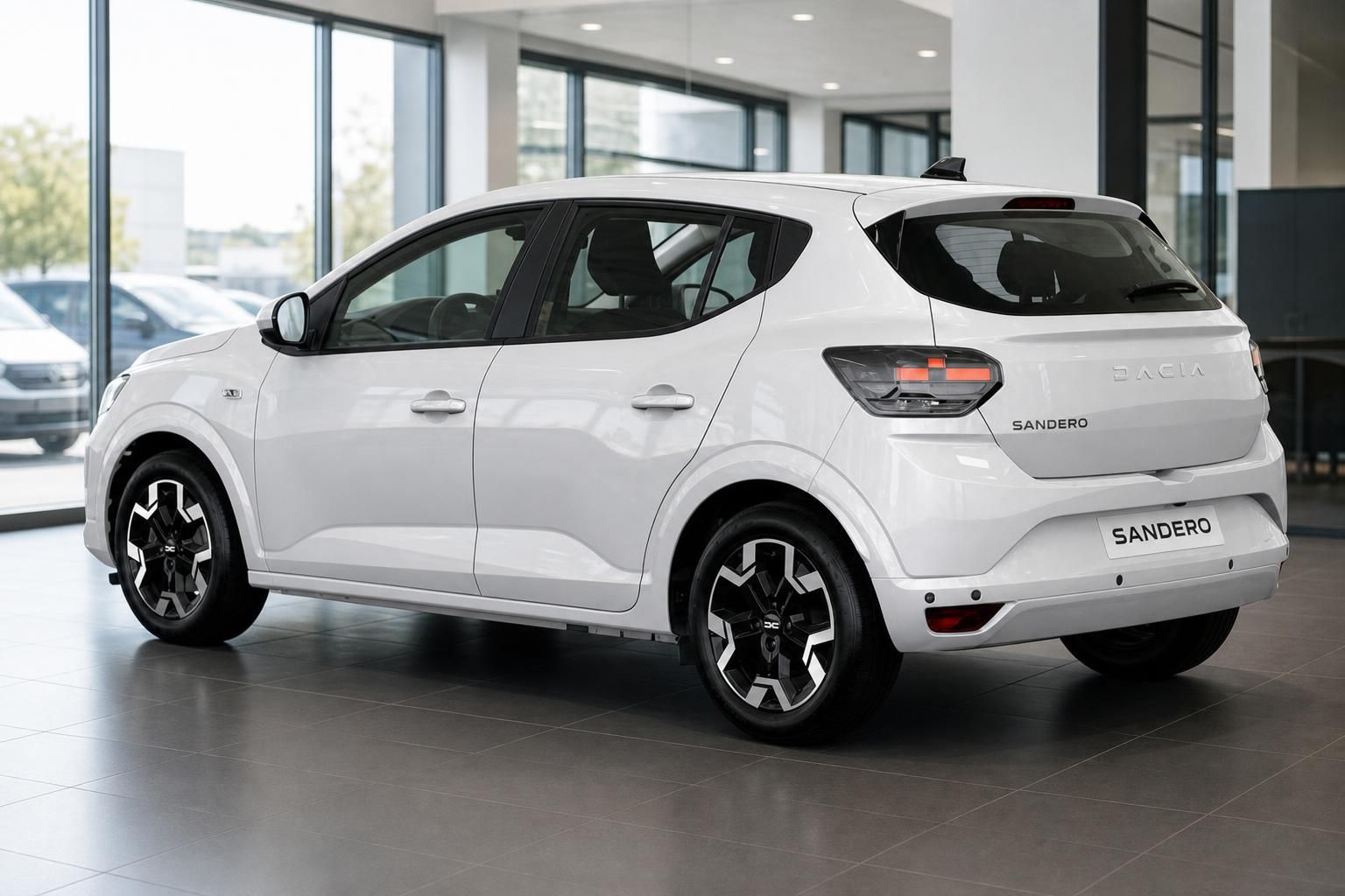 Dacia Sandero weiß Heck-Seitenansicht im Showroom