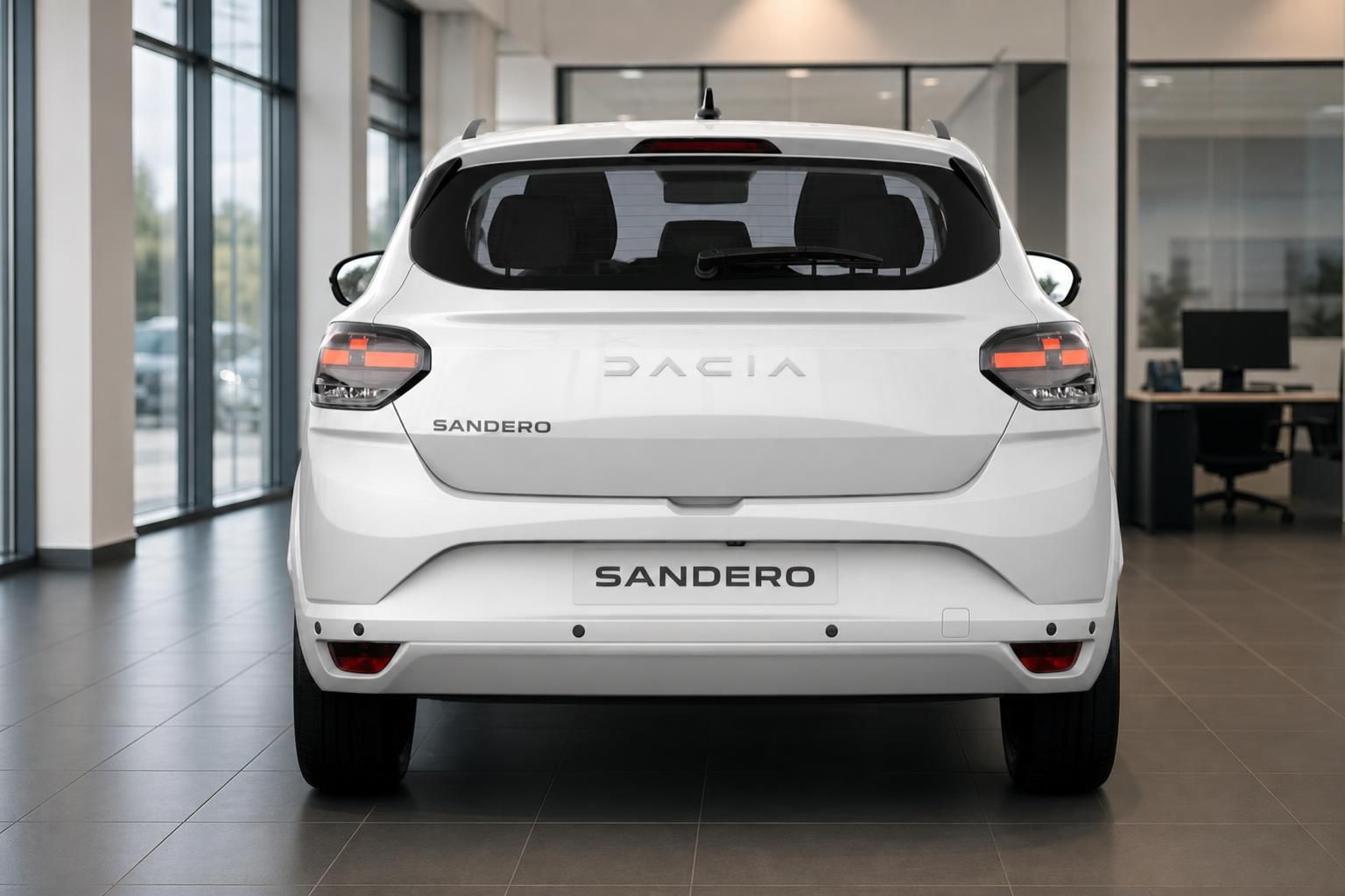 Dacia Sandero weiß Heckansicht im Autohaus Showroom