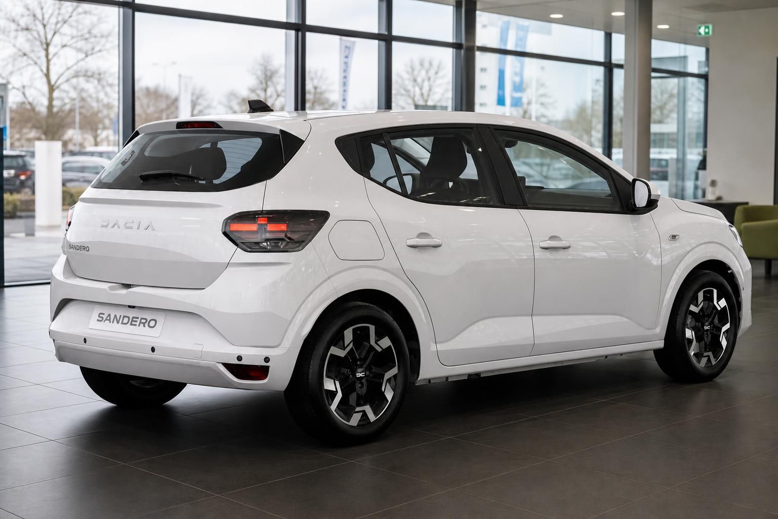 Dacia Sandero weiß Heck-Seitenansicht im Autohaus