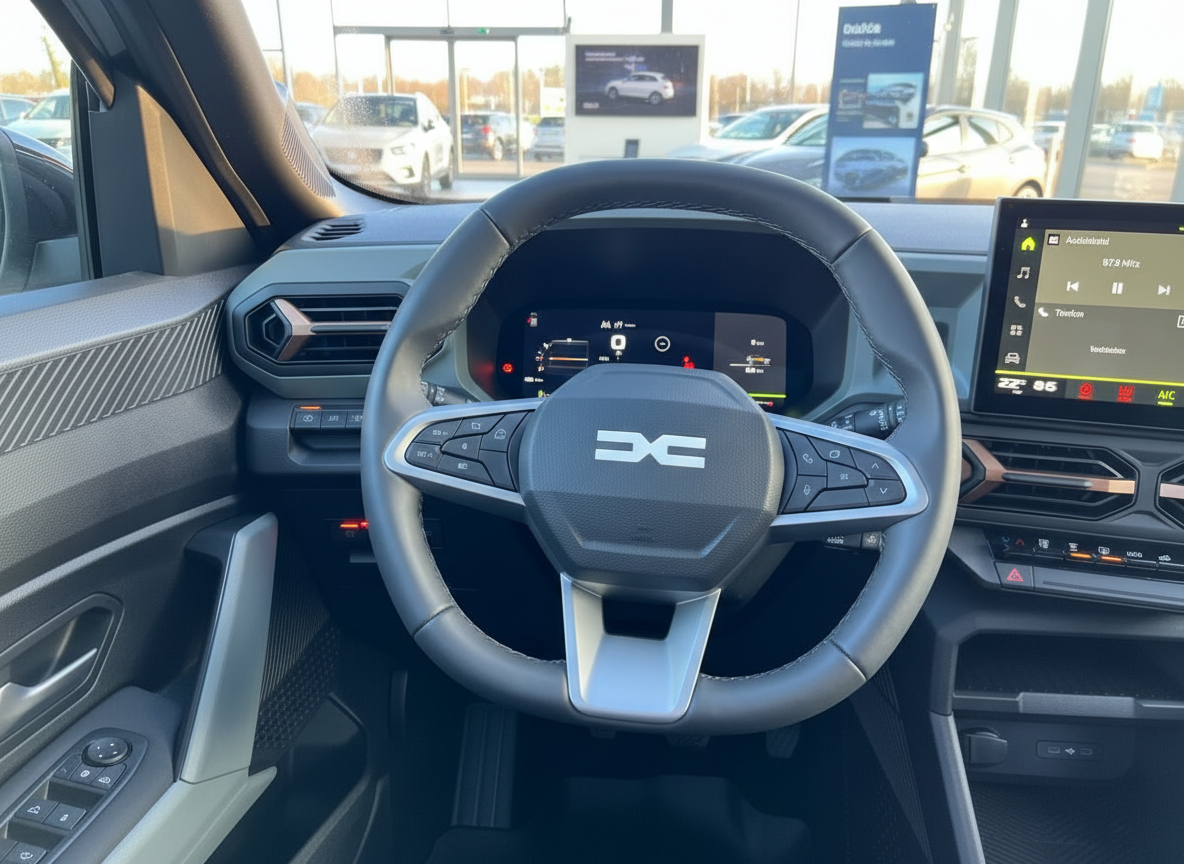 Dacia Innenraum Cockpit mit Lenkrad und digitalem Display in Fahrzeug-Showroom