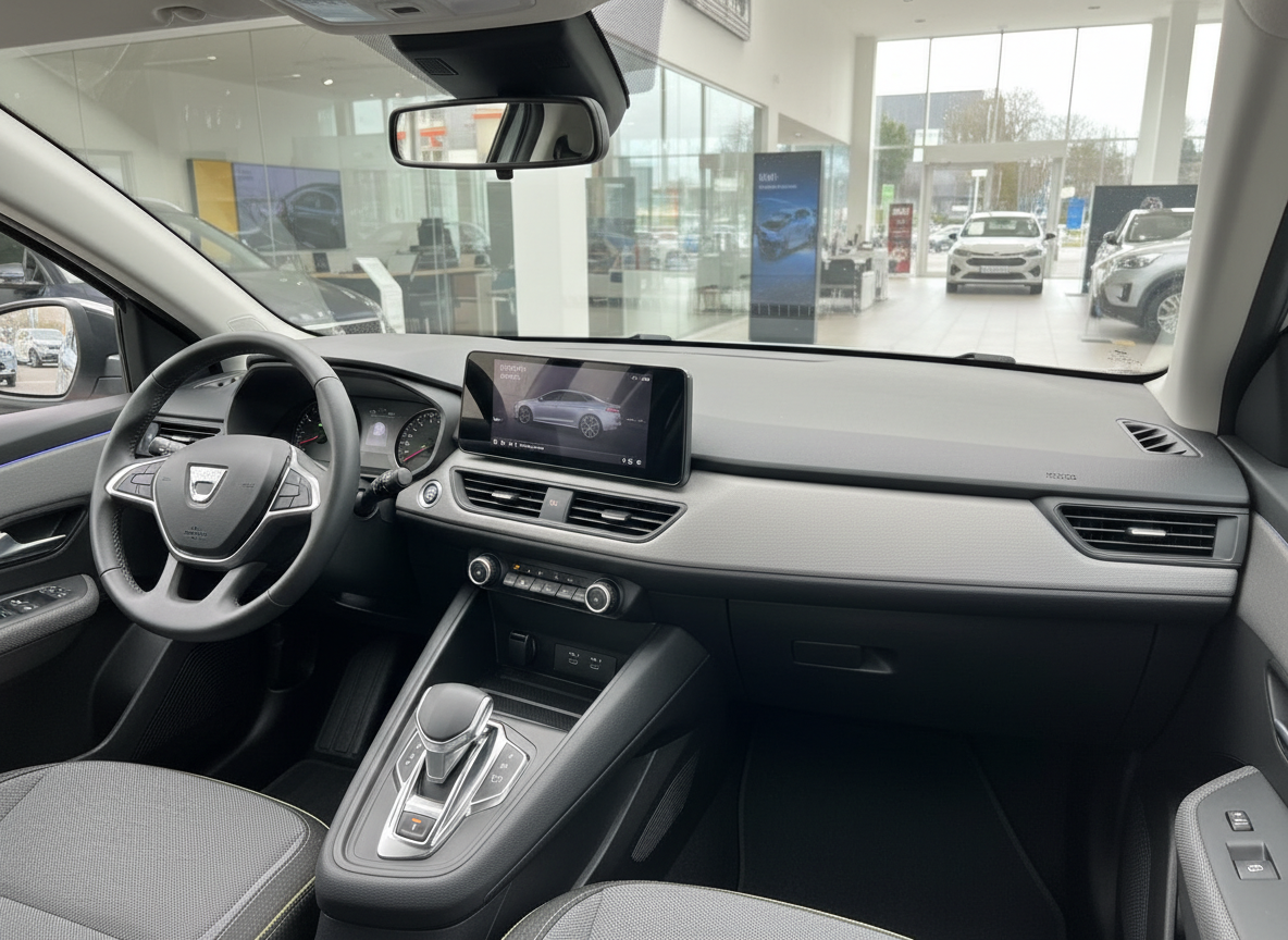 Dacia Innenraum mit Touchscreen, Automatikgetriebe und grauem Interieur im Autohaus