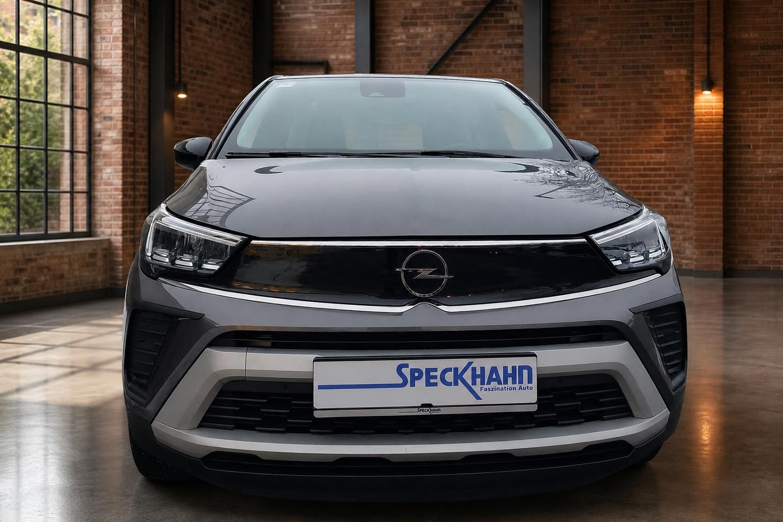 Opel Crossland Frontansicht grau metallic mit Speckhahn Kennzeichenhalter in Showroom