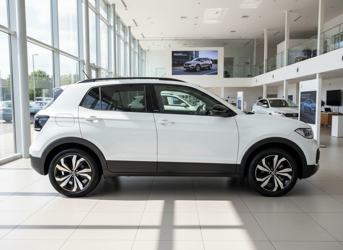 Weißer Volkswagen T-Cross SUV Seitenansicht im VW Autohaus Showroom