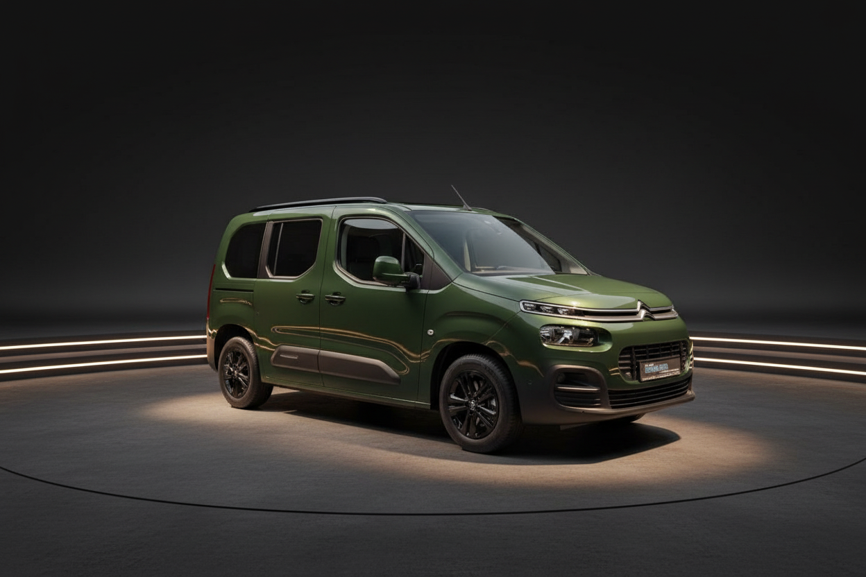 Citroën Berlingo in Olivgrün – kompakter Hochdachkombi in Studioaufnahme