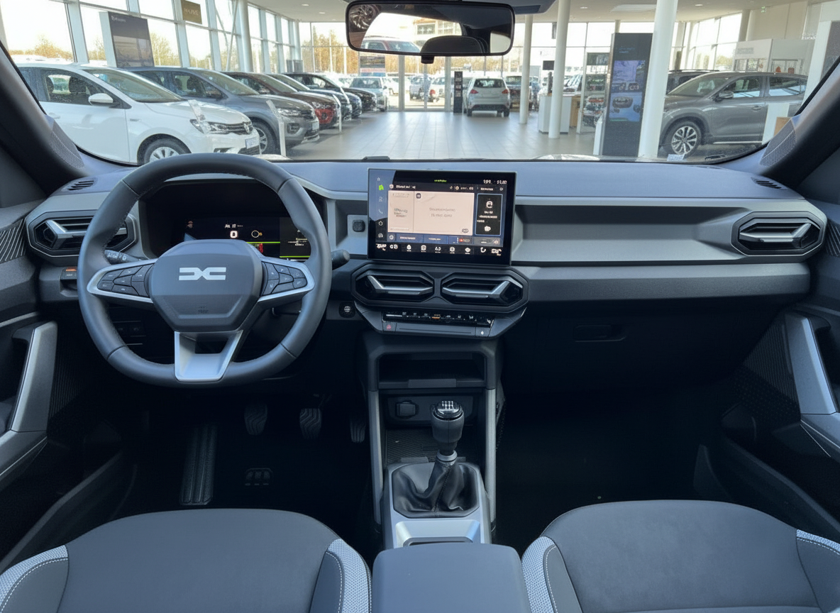 Dacia Innenraum mit Touchscreen, Schaltgetriebe und grauem Cockpit im Autohaus