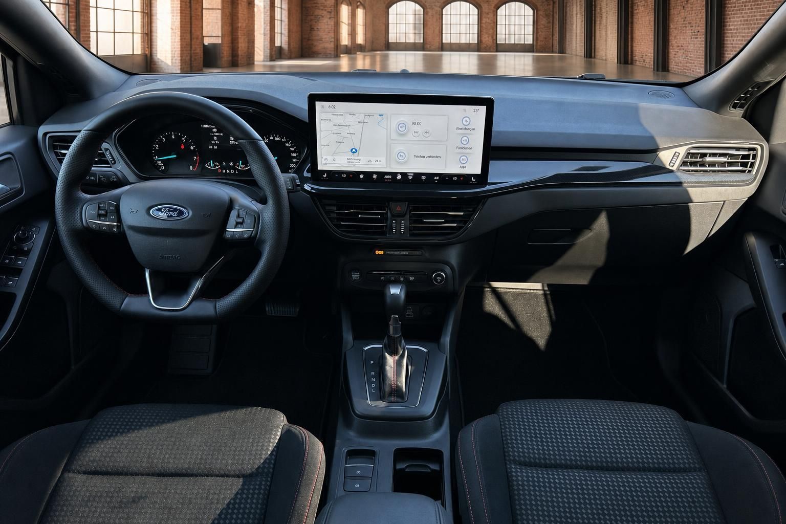 Ford Focus Armaturenbrett mit großem Touchscreen, Lenkrad und Automatikschalthebel