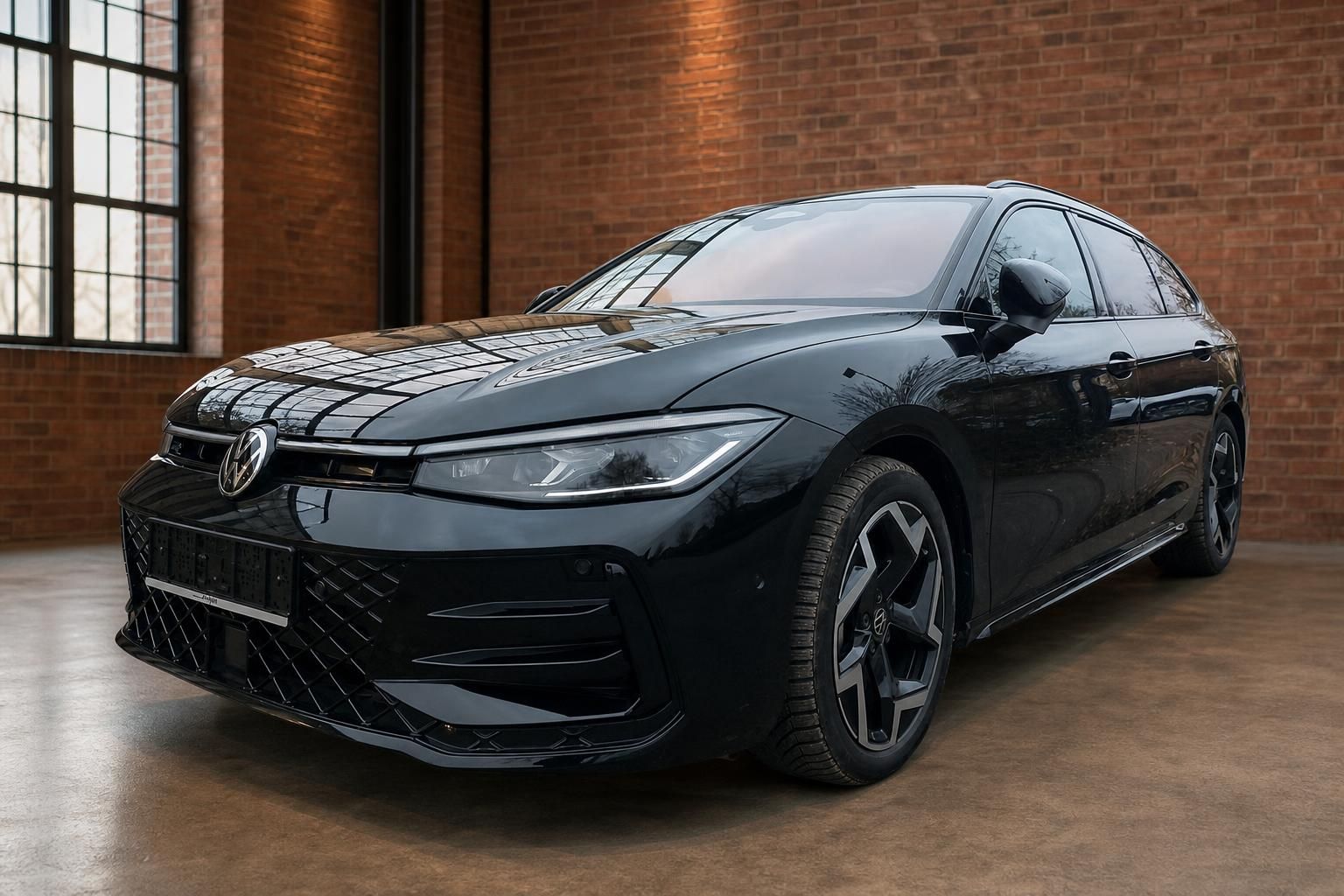 VW Passat Variant schwarz Frontansicht schräg mit LED-Scheinwerfern und Sportfelgen