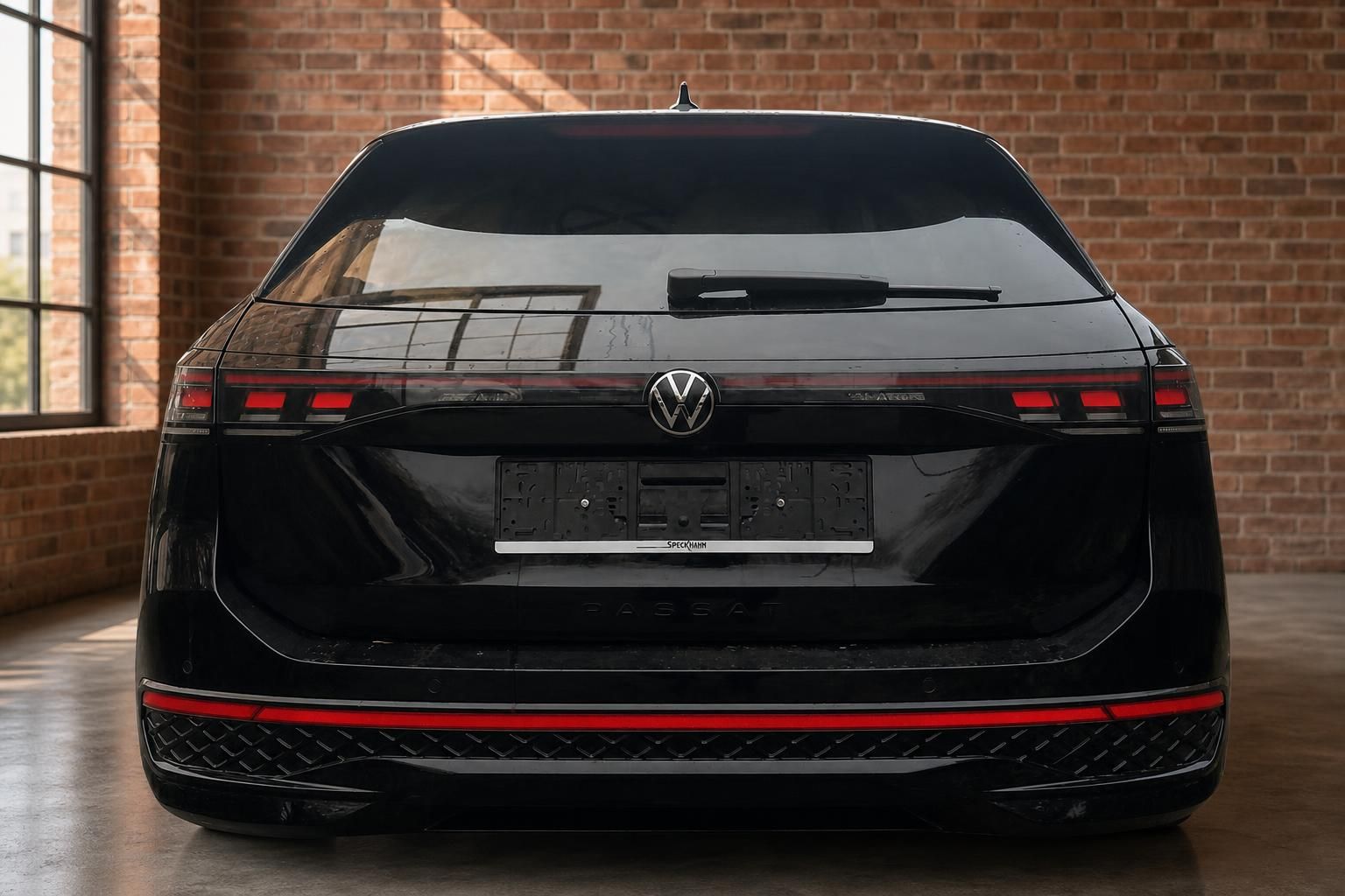 VW Passat Variant schwarz Heckansicht – LED-Rückleuchten und VW-Emblem in Industriehalle
