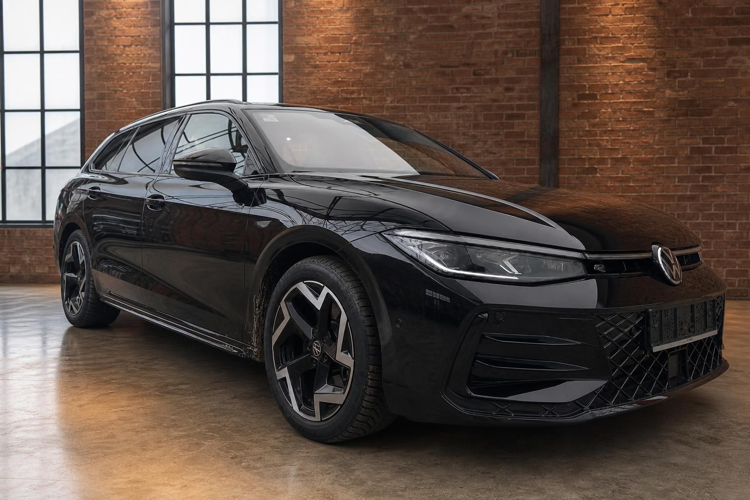 VW Passat Variant R-Line schwarz Frontansicht mit Sportfelgen in Industriehalle