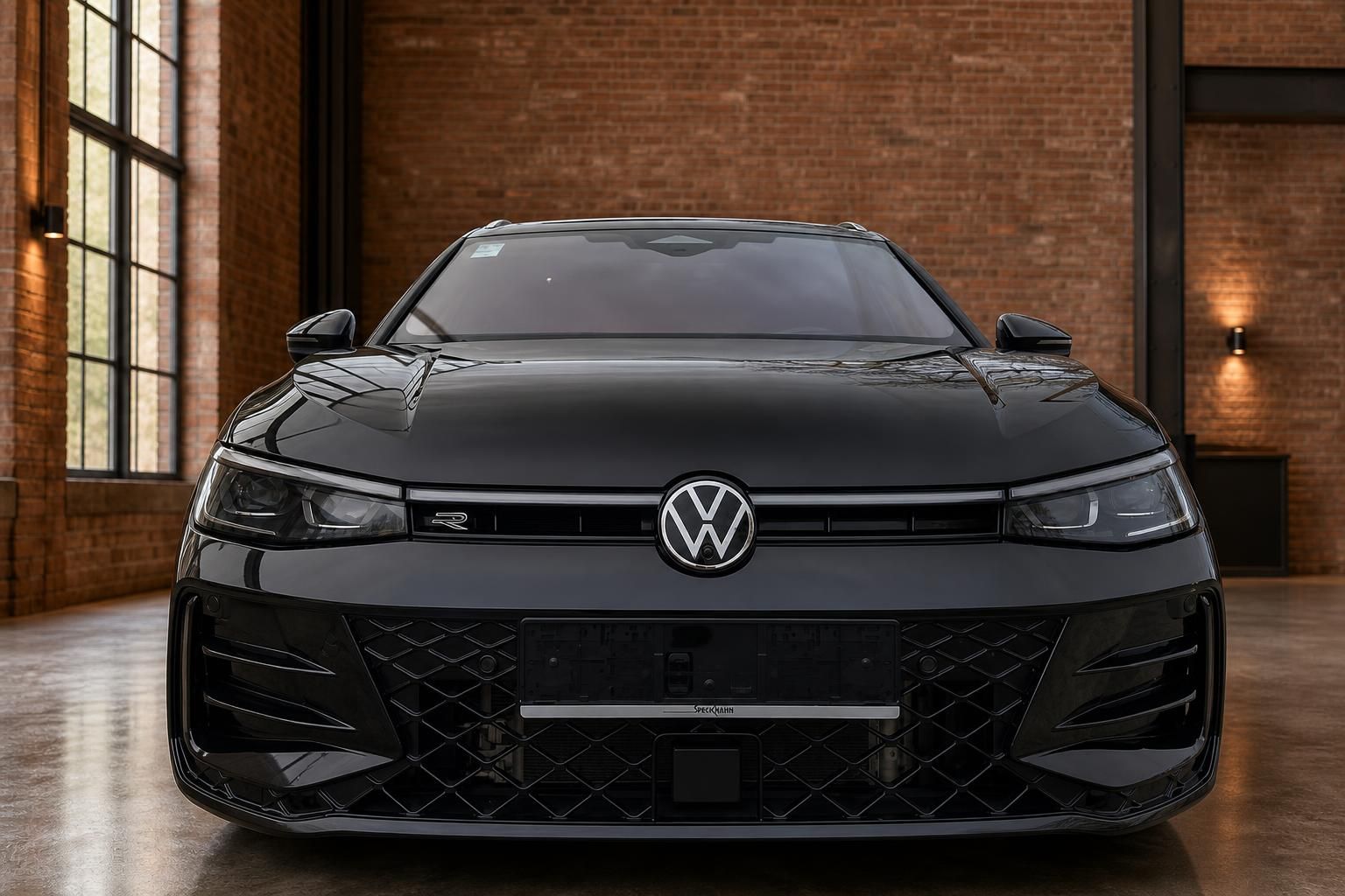 VW Golf R Variant schwarz Frontansicht in Industriehalle – Sportkombilimousine kaufen