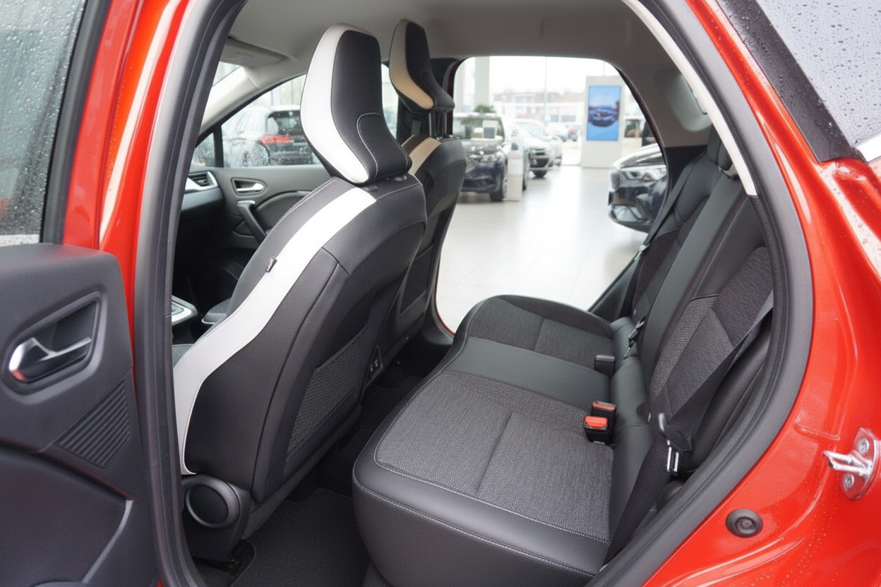 Rotes SUV Innenraum Rücksitzbank schwarz-weiße Sitze Fahrzeugausstellung