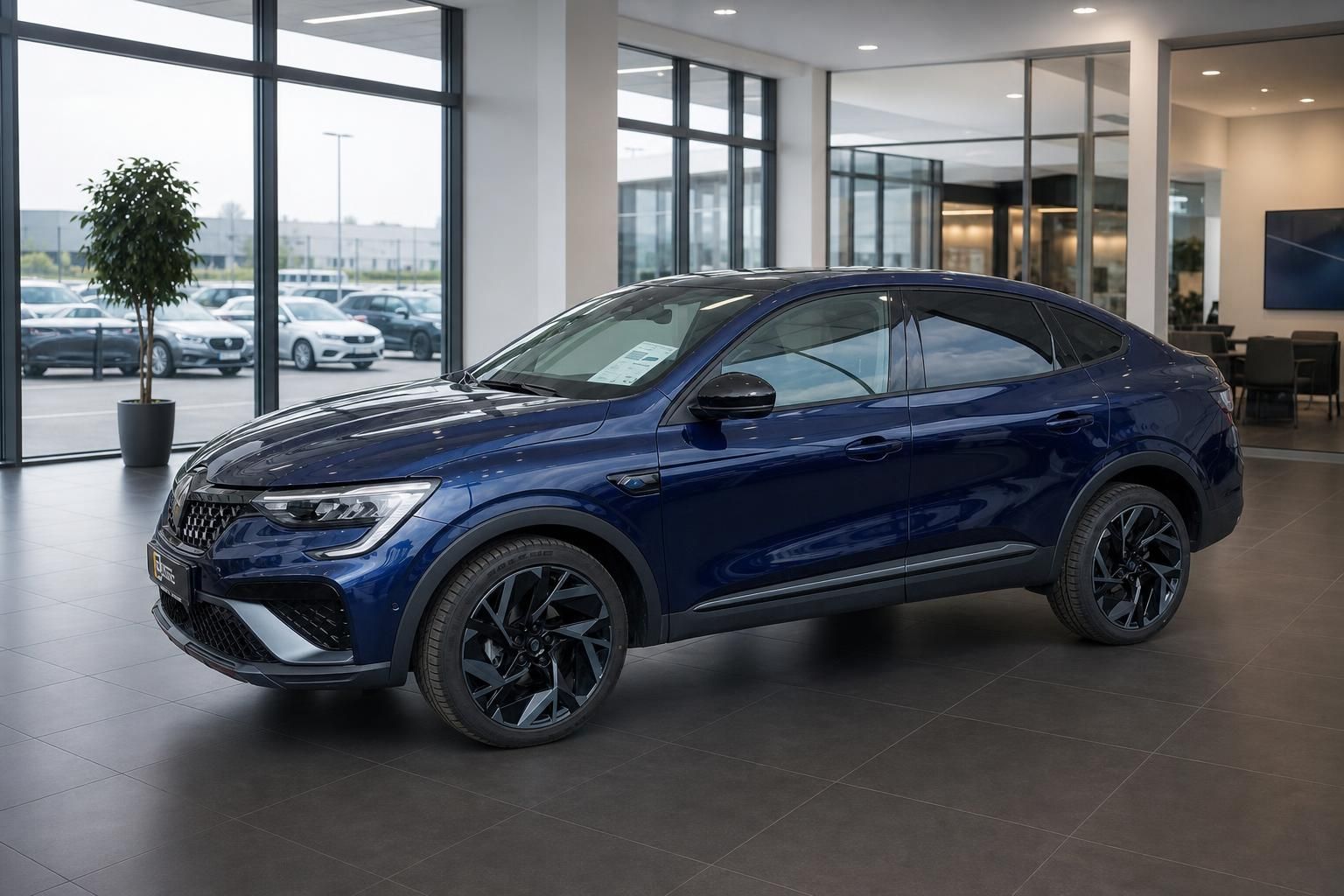 Renault Arkana SUV-Coupé in blau, Dreiviertelansicht vorn im Autohaus