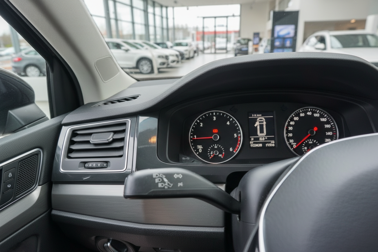 Volkswagen Innenraum Cockpit mit Armaturenbrett und Tachometer im Autohaus