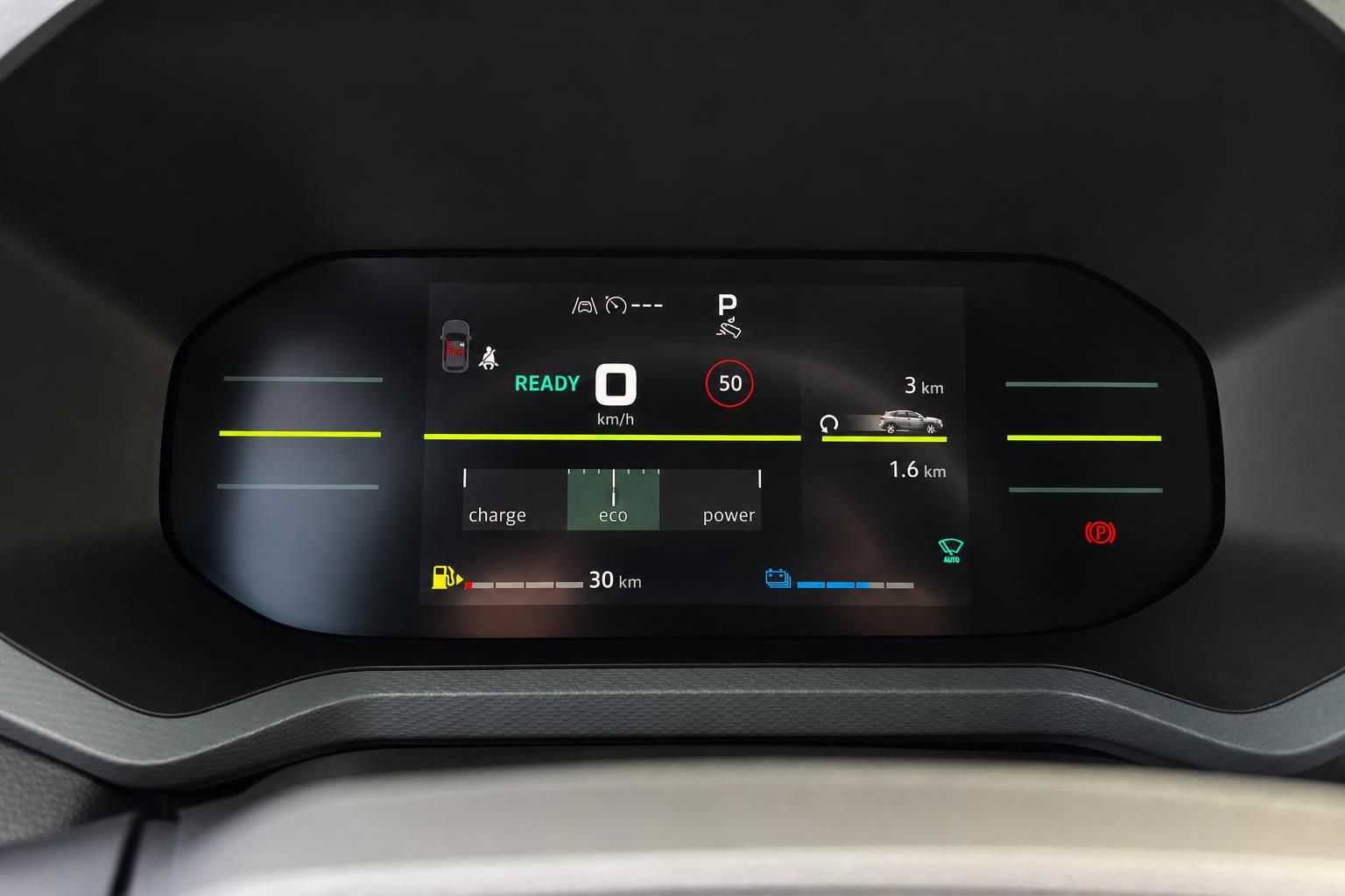 Digitales Armaturenbrett mit Hybrid-Display zeigt Geschwindigkeit, Reichweite und Fahrmodi