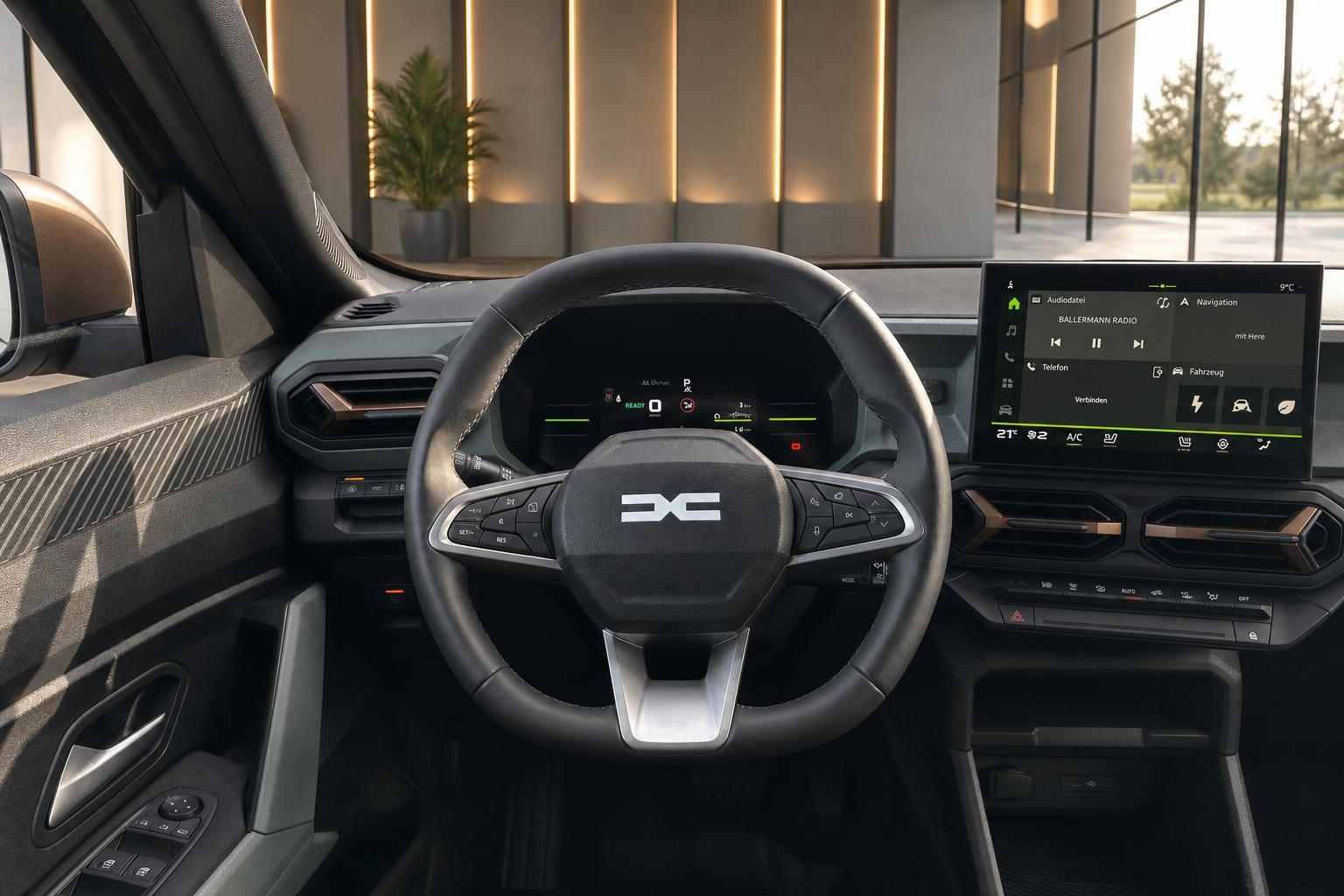 Modernes Fahrzeug-Cockpit mit digitalem Display, Lenkrad und Touchscreen-Infotainmentsystem