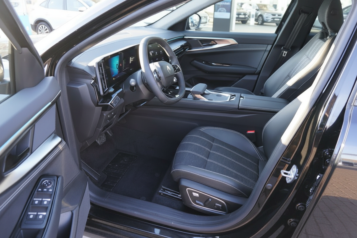Renault Innenraum mit schwarzem Leder, digitalem Cockpit und modernem Infotainmentsystem