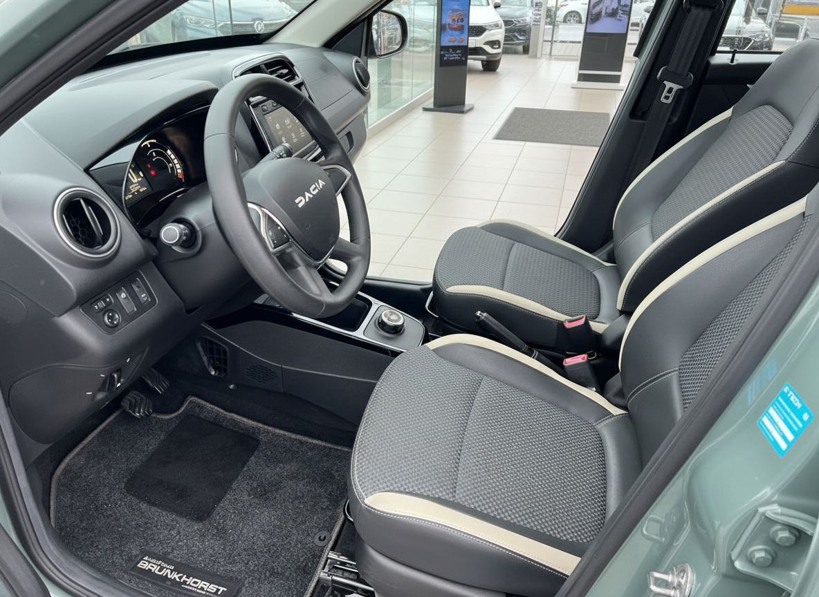 Dacia Innenraum mit Lenkrad und Sportsitzen in Schwarz-Weiß bei Autohaus Brunkhorst