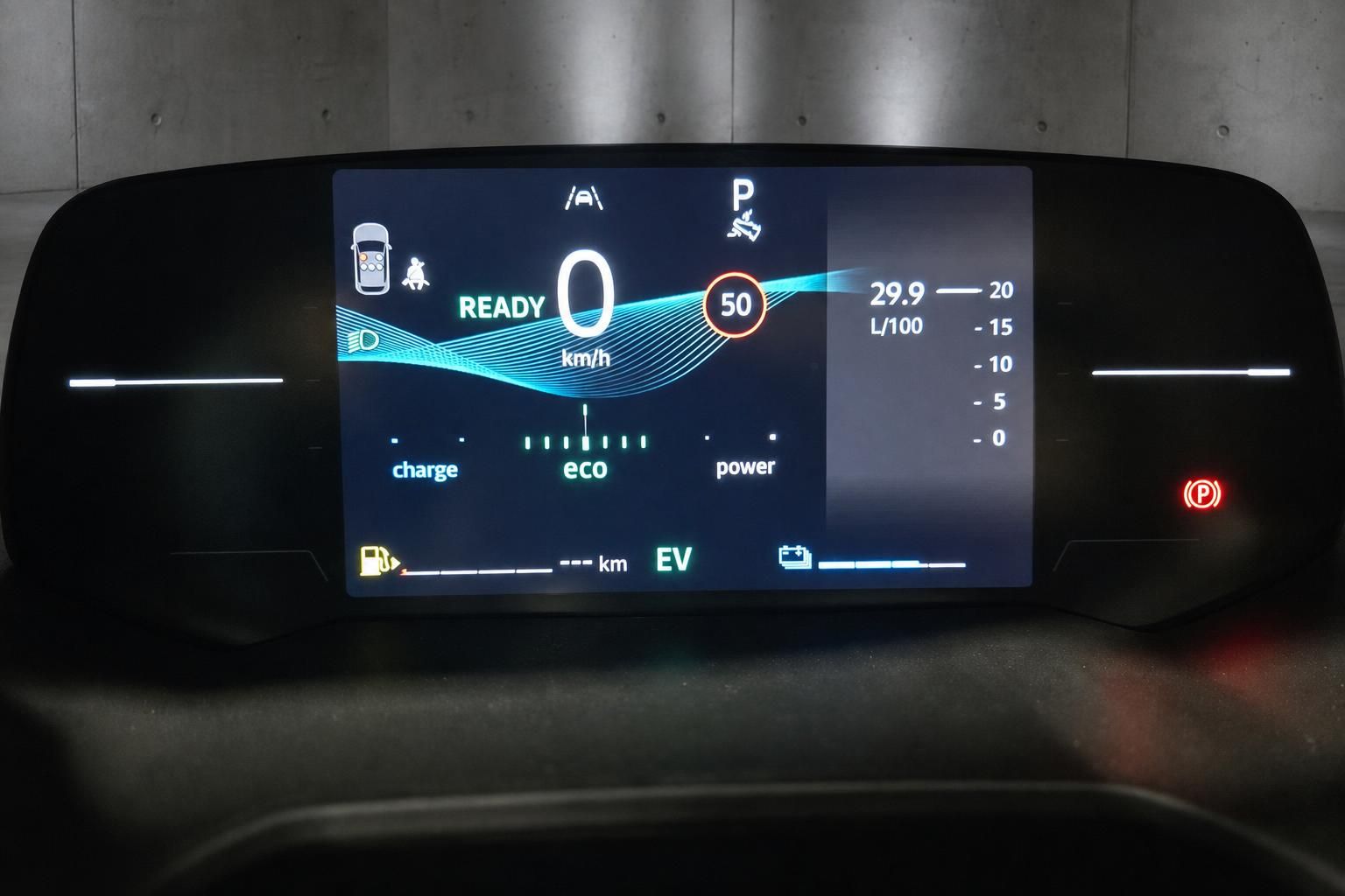 Digitales Kombiinstrument des Mitsubishi Colt EV mit Ready-Anzeige und Geschwindigkeit