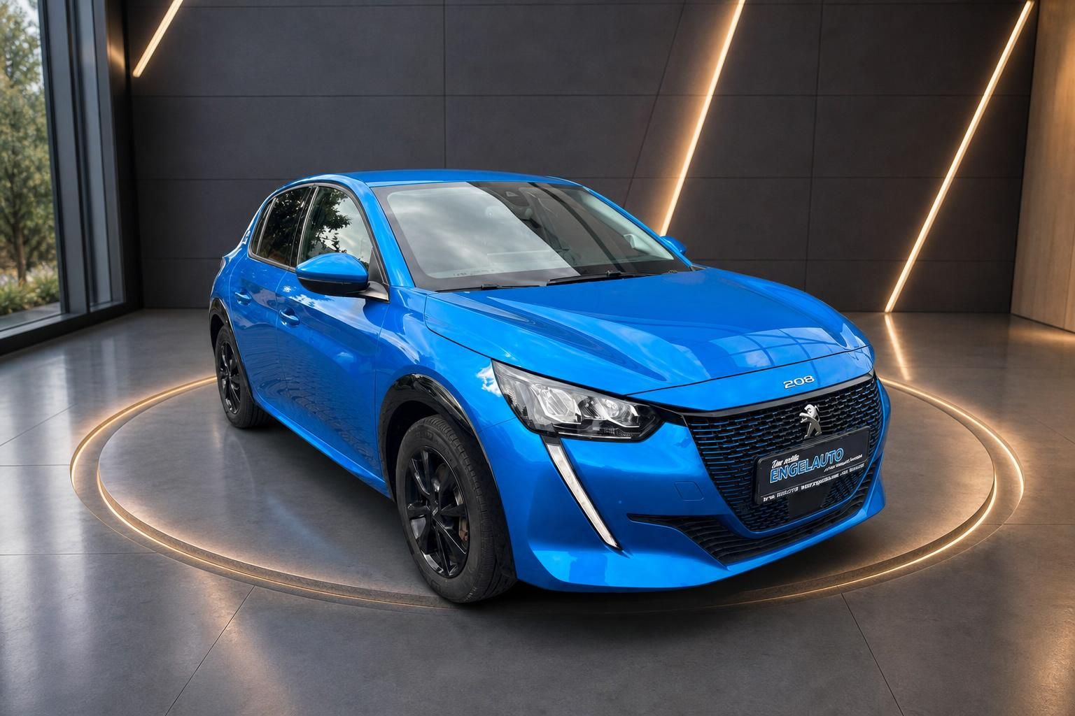 Peugeot 208 blau Frontansicht schräg im Autohaus Ausstellung
