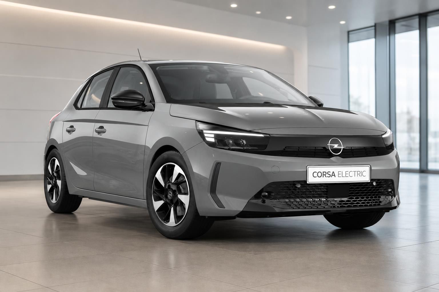 Opel Corsa Electric Frontansicht in Grau im Showroom